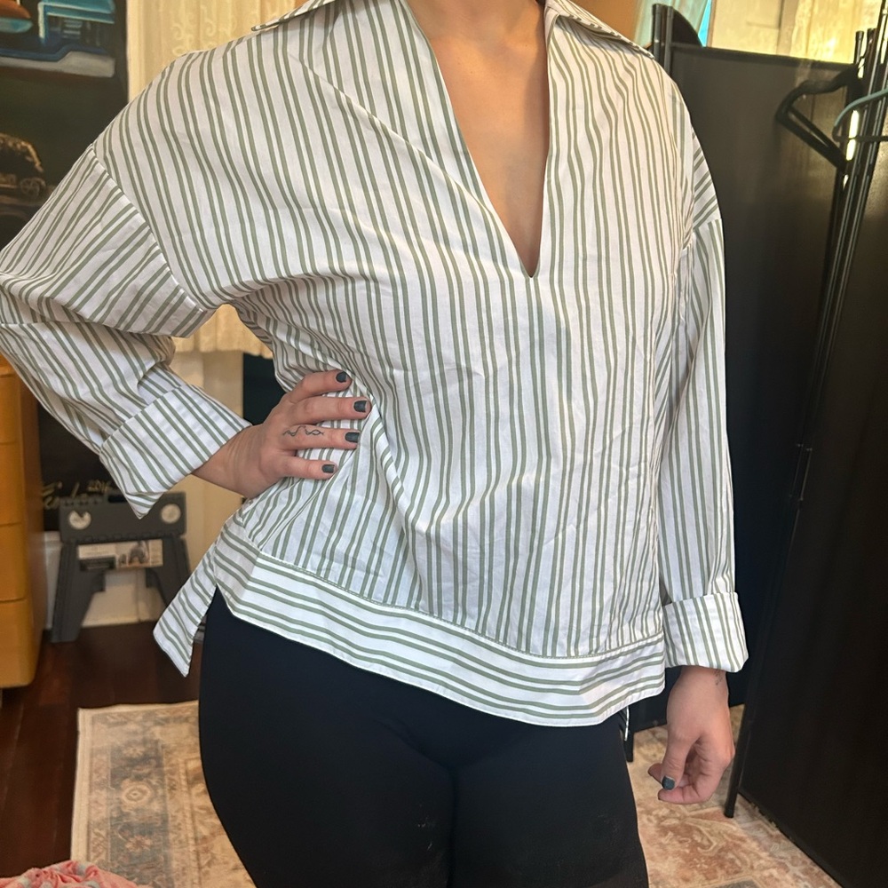 STAUD White and Green Striped Blouse